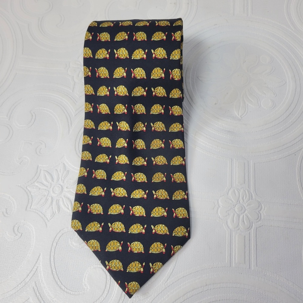Mens 100% Silk Tie Turtle‎ Tortoise Pattern Necktie Handmade Andrew Scott Navy